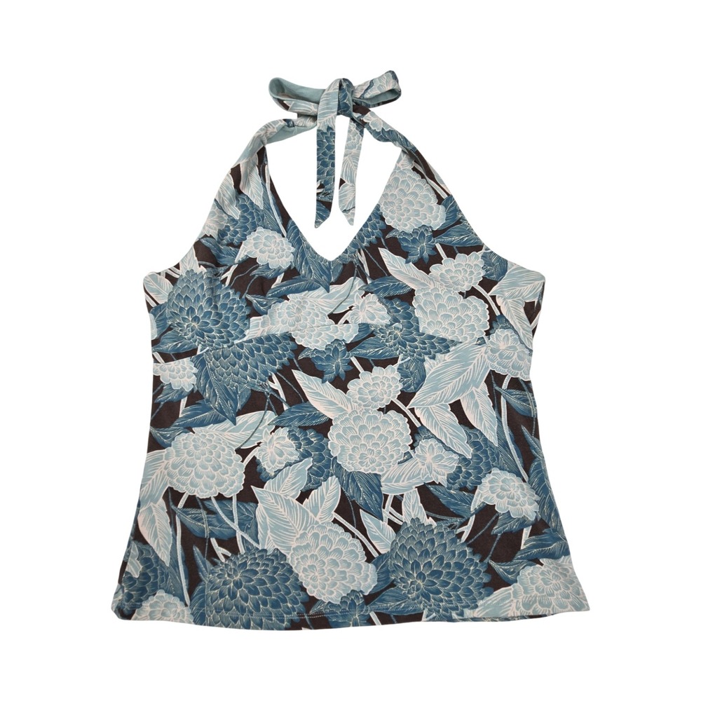 Ann Taylor Floral Halter Top XL Blue Brown Chrysanthemum Print Shelf Bra V-Neck